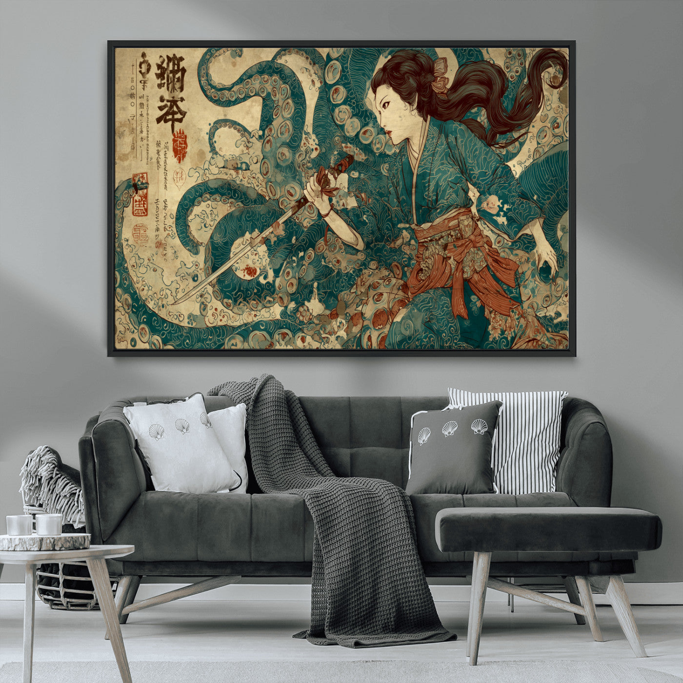 Tsukioka Yoshitoshi Samurai Wall Art Print, Japanese Katana Warrior Canvas Wall Art, Octopus Sea Monster Canvas Print,