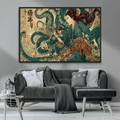 Tsukioka Yoshitoshi Samurai Wall Art Print, Japanese Katana Warrior Canvas Wall Art, Octopus Sea Monster Canvas Print,