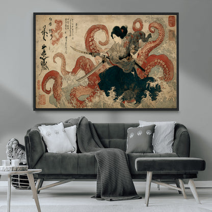 Tsukioka Yoshitoshi Samurai Wall Art Print, Japanese Katana Warrior Canvas Wall Art, Octopus Sea Monster Canvas Print,