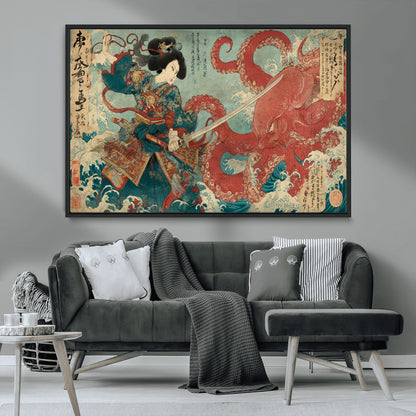 Tsukioka Yoshitoshi Samurai Wall Art Print, Japanese Katana Warrior Canvas Wall Art, Octopus Sea Monster Canvas Print,