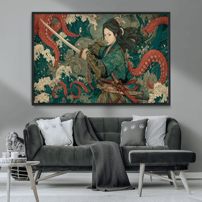 Tsukioka Yoshitoshi Samurai Wall Art Print, Japanese Katana Warrior Canvas Wall Art, Octopus Sea Monster Canvas Print,