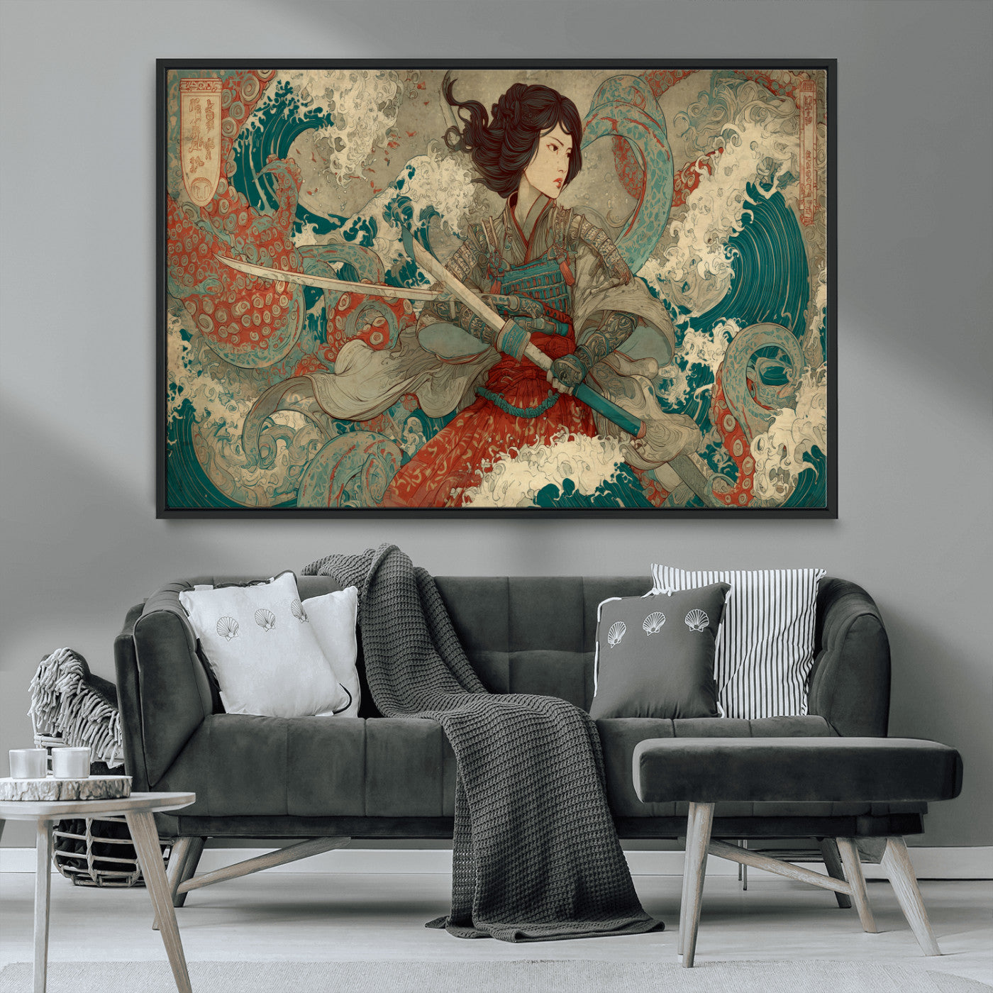 Tsukioka Yoshitoshi Samurai Wall Art Print, Japanese Katana Warrior Canvas Wall Art, Octopus Sea Monster Canvas Print,