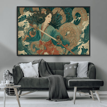 Tsukioka Yoshitoshi Samurai Wall Art Print, Japanese Katana Warrior Canvas Wall Art, Octopus Sea Monster Canvas Print,