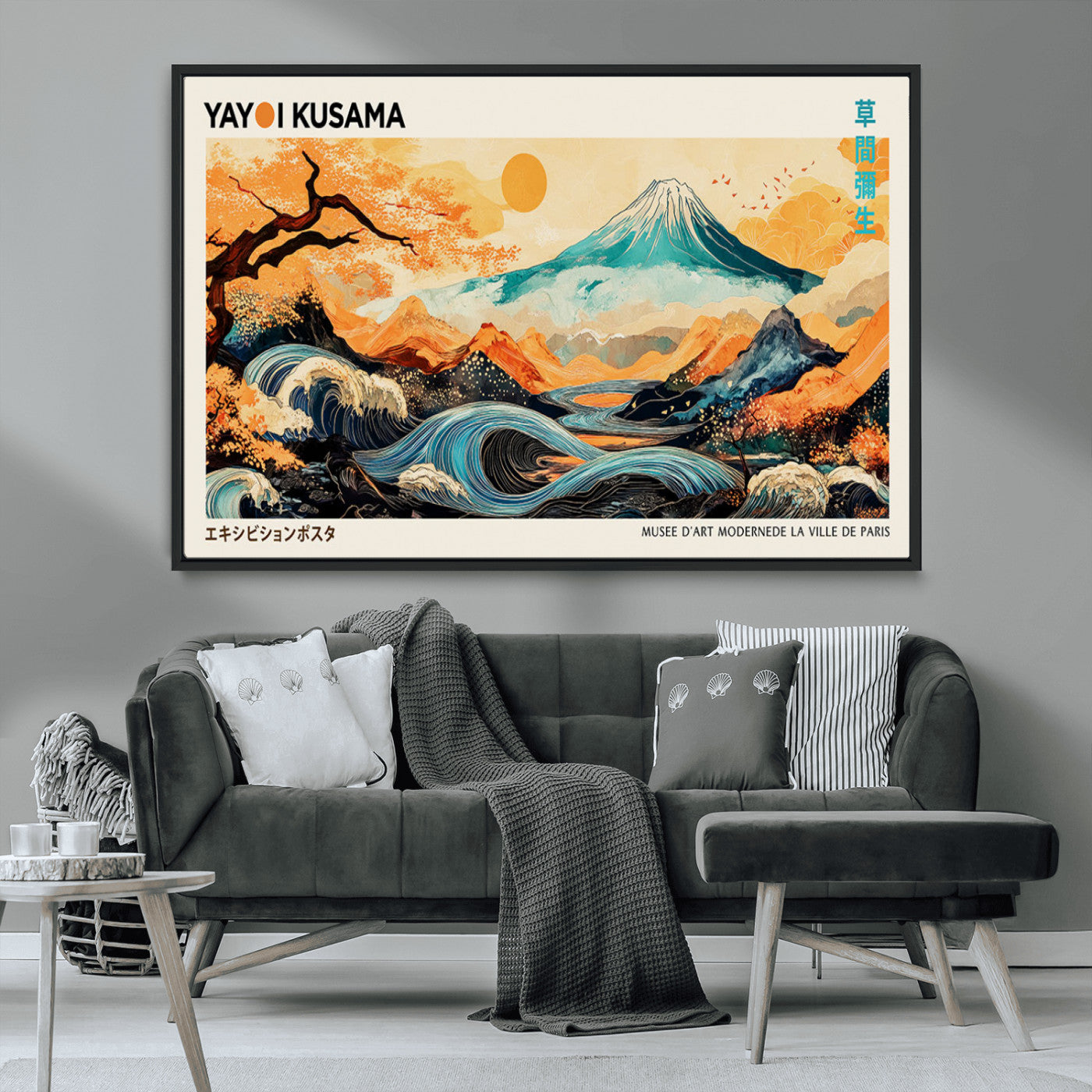 Modern Japanese-style art print featuring a stylized Mount Fuji, flowing waves, and vibrant landscapes in bold colors, inspired by traditional and contemporary aesthetics.