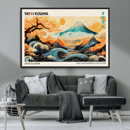 Modern Japanese-style art print featuring a stylized Mount Fuji, flowing waves, and vibrant landscapes in bold colors, inspired by traditional and contemporary aesthetics.