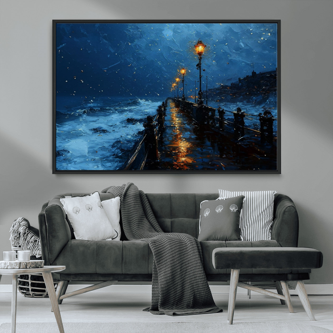 "Impressionistic painting of a rainy pier at night with glowing street lamps reflecting on the wet surface, ocean waves crashing under a dark blue sky."