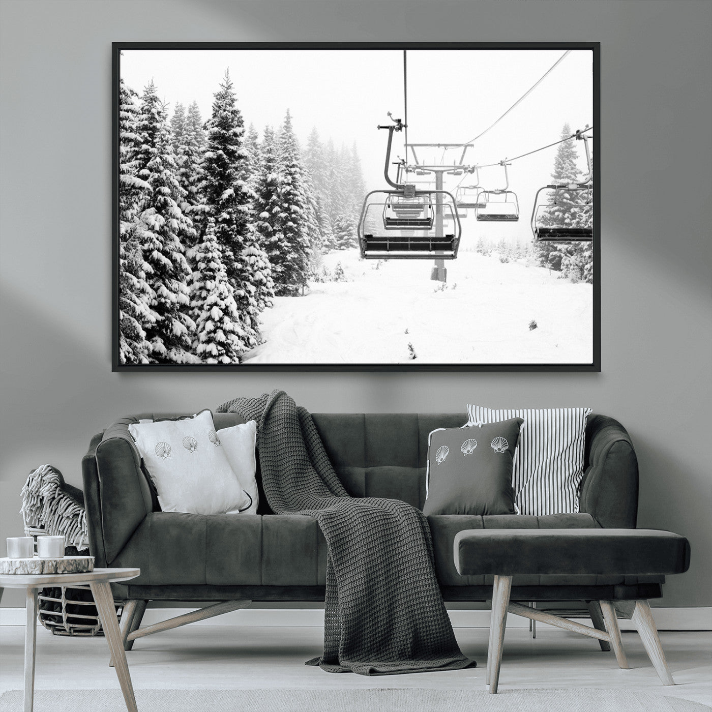 Black and white canvas of empty ski lifts over a snowy pine forest, perfect for minimal winter or ski lodge-inspired decor.