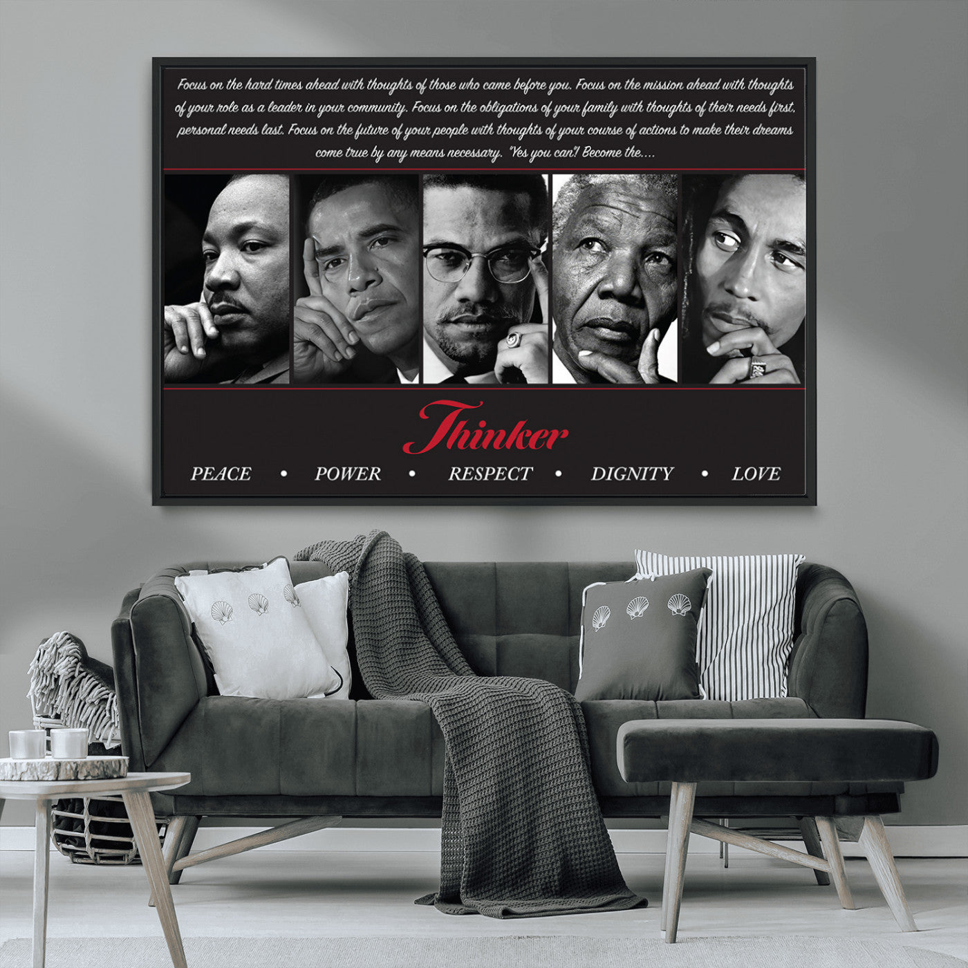 Monochrome canvas of iconic Black leaders with a powerful quote, perfect for modern spaces with a cultural or motivational theme.