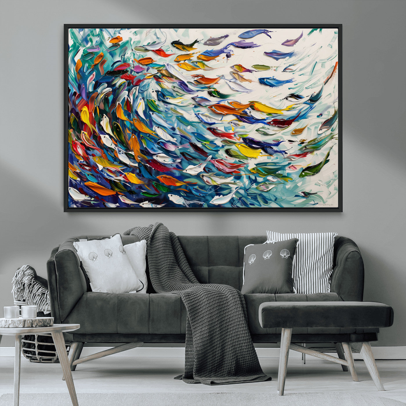Vibrant canvas art of swirling colorful fish in motion, ideal for modern coastal or ocean-inspired home decor.