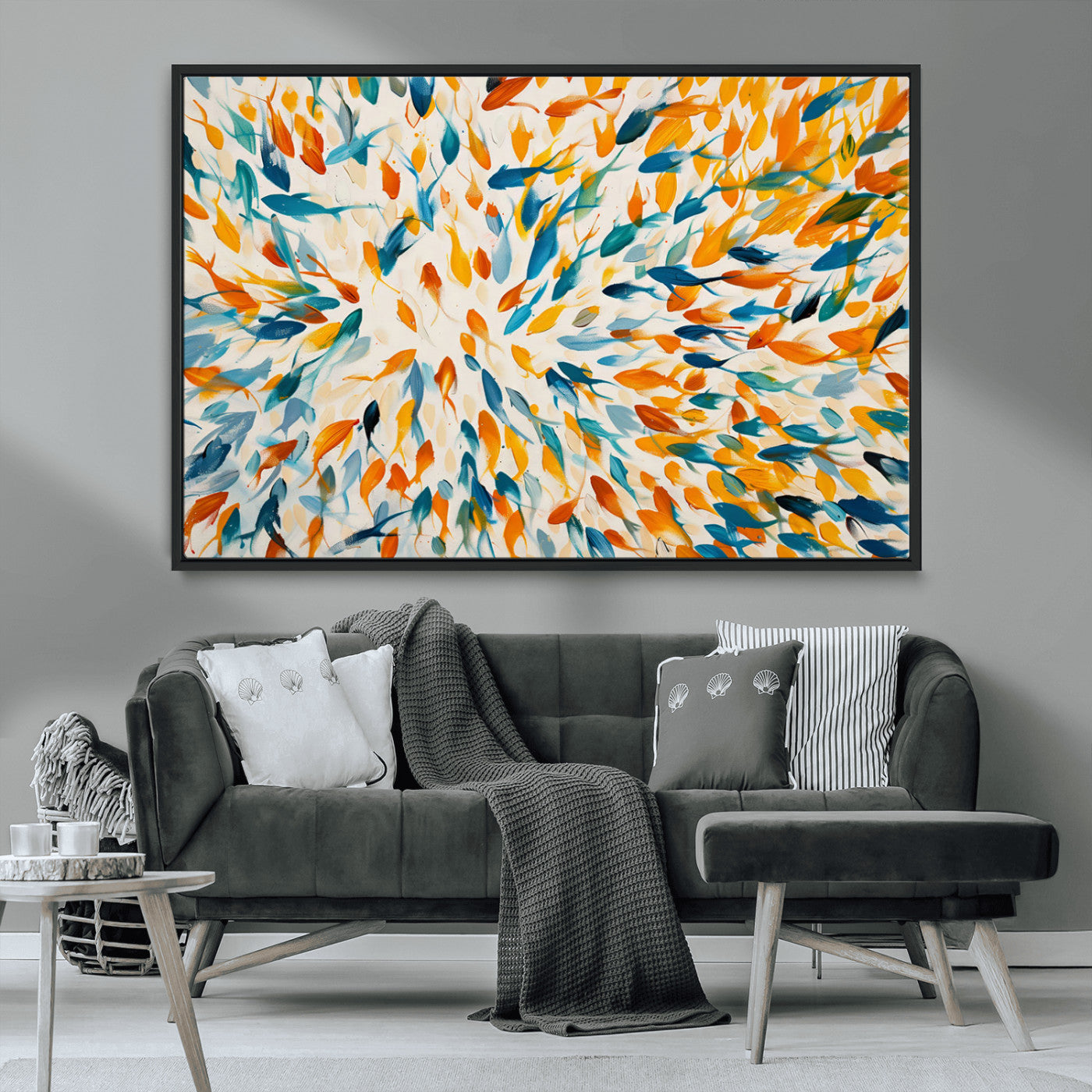 Vibrant abstract canvas of swirling blue and orange fish-like forms, perfect for coastal or playful marine-themed home decor.