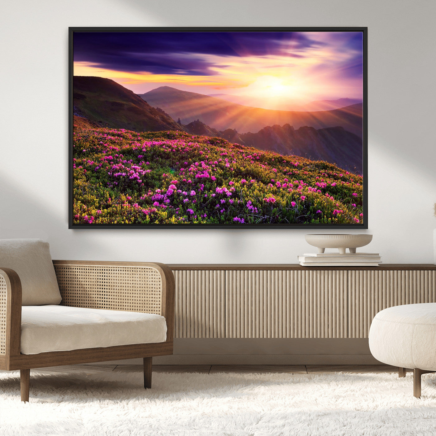 -Mountain Sunrise Wall Art – Vibrant Floral Landscape Canvas Print, Nature Home Decor for Living Room, Bedroom Office or Cabin