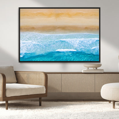 -Aerial Beach Wall Art – Serene Ocean Waves & Sandy Shore Canvas Print, Coastal Home Decor for Living Room, Bedroom or Office