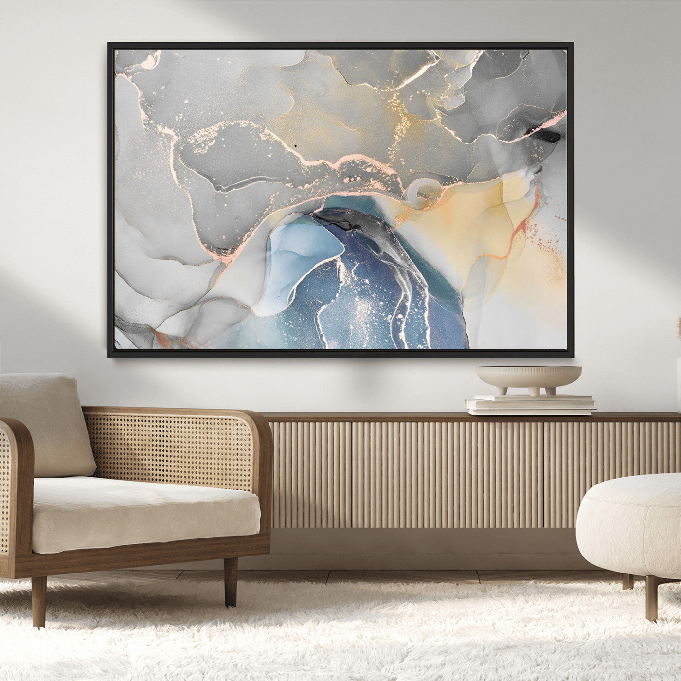 -Abstract Fluid Art Wall Decor – Blue, Gray & Gold Canvas Print, Modern Home and Office Wall Art Decor for Living Room, Bedroom or Workspace