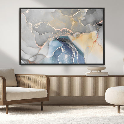 -Abstract Fluid Art Wall Decor – Blue, Gray & Gold Canvas Print, Modern Home and Office Wall Art Decor for Living Room, Bedroom or Workspace