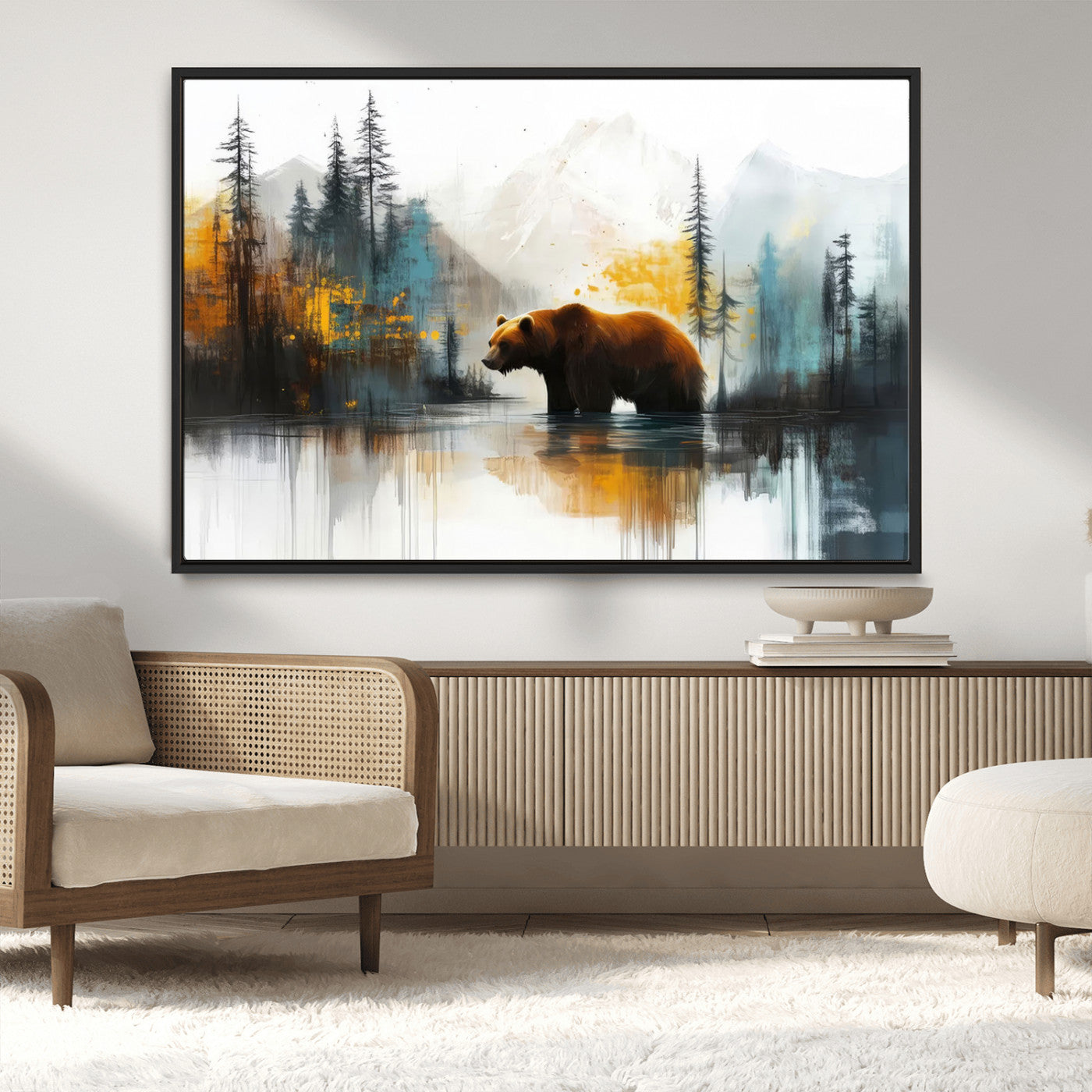 A majestic bear stands by the serene waters of a misty forest, surrounded by towering trees and distant mountains, evoking the raw beauty and wild spirit of nature.