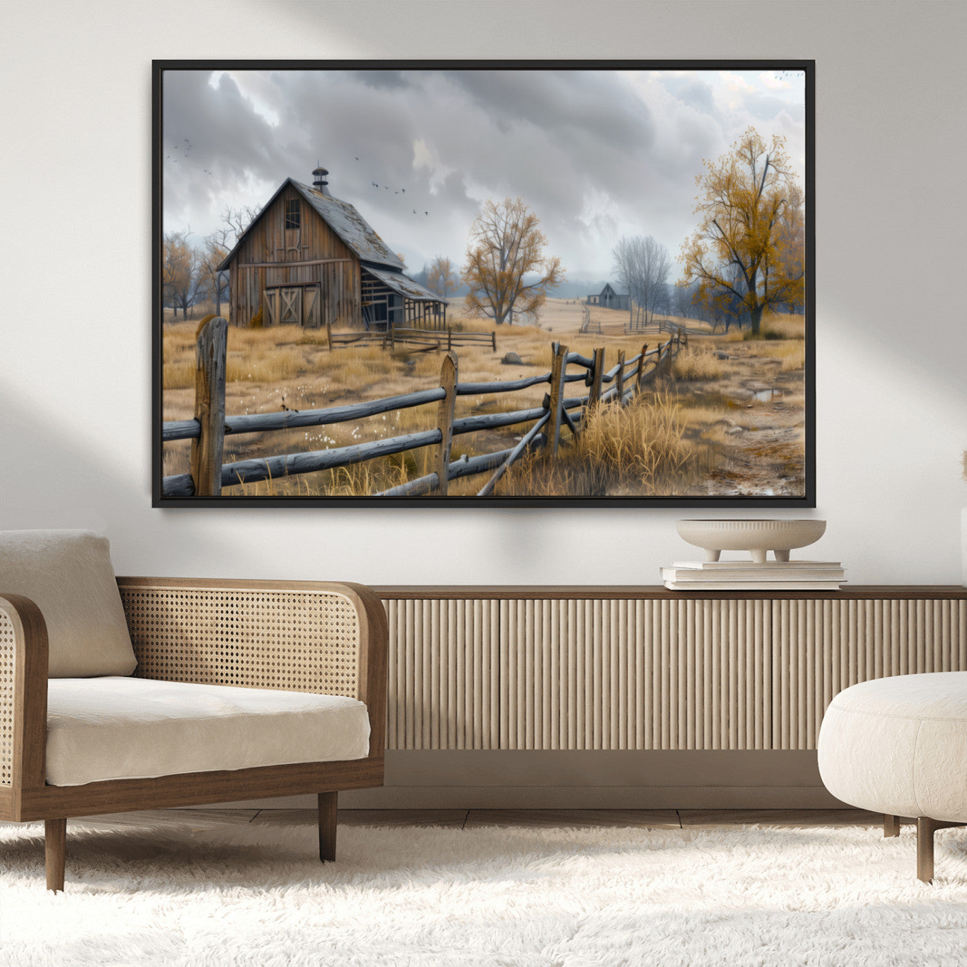 A tranquil rural scene featuring a rustic barn, overcast skies, and golden fields with scattered trees, evoking a sense of peaceful solitude in nature.