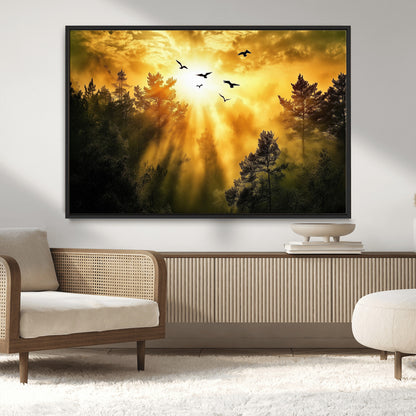 Canvas of a golden forest at sunset with birds flying through glowing sunbeams and silhouetted pine trees, ideal for warm-toned rustic decor.