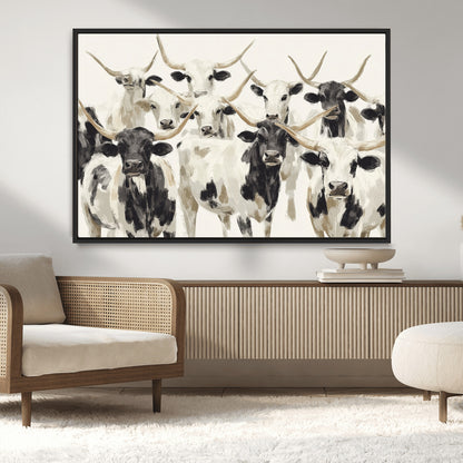 Canvas of a Texas Longhorn cattle herd in neutral black and white tones, ideal for rustic farmhouse or western-themed decor.
