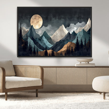 Stylized canvas of layered mountains under a full moon in neutral moody tones, ideal for nature-inspired or modern rustic interiors.