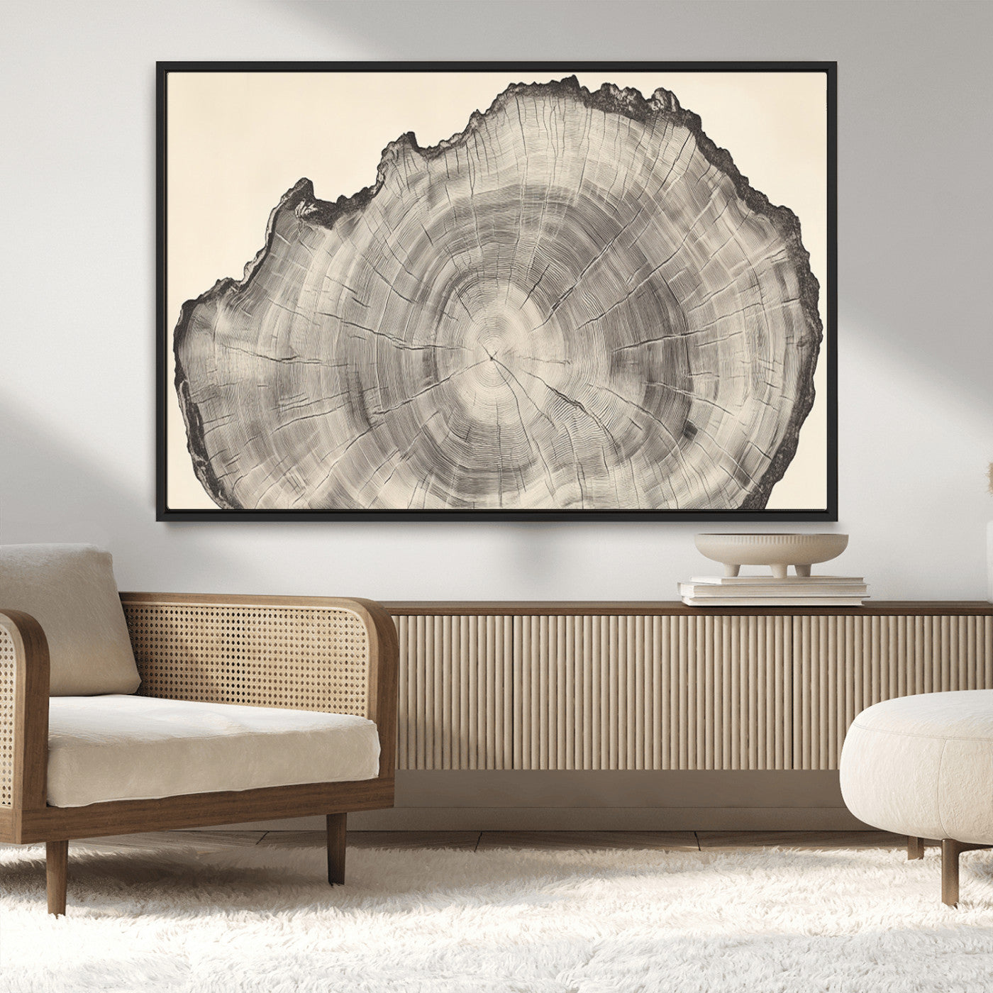 Detailed tree ring drawing in monochrome tones, ideal for rustic or nature-inspired interiors with a minimal decor aesthetic.