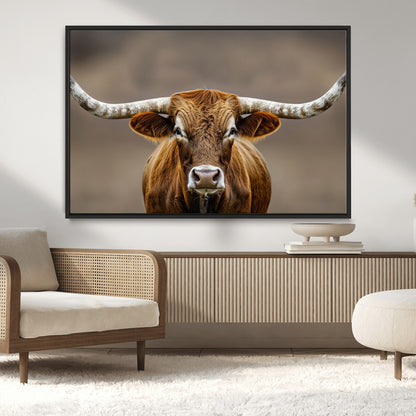 Close-up of a Texas Longhorn with strong curved horns and warm brown tones, perfect for rustic or western-style wall decor.