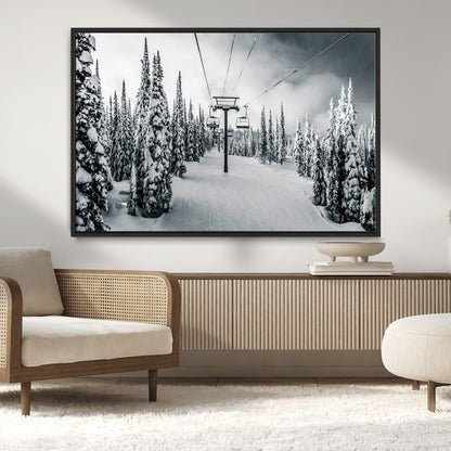 Canvas of a snowy ski lift scene through a forest of tall pine trees, ideal for moody winter or alpine-themed home decor.