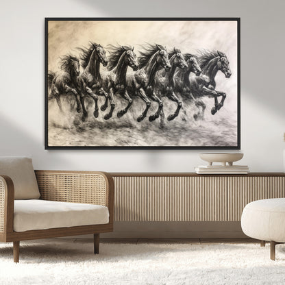 Monochrome drawing of a herd of galloping horses, perfect for dynamic and wild-themed decor in any equestrian or nature-inspired room.
