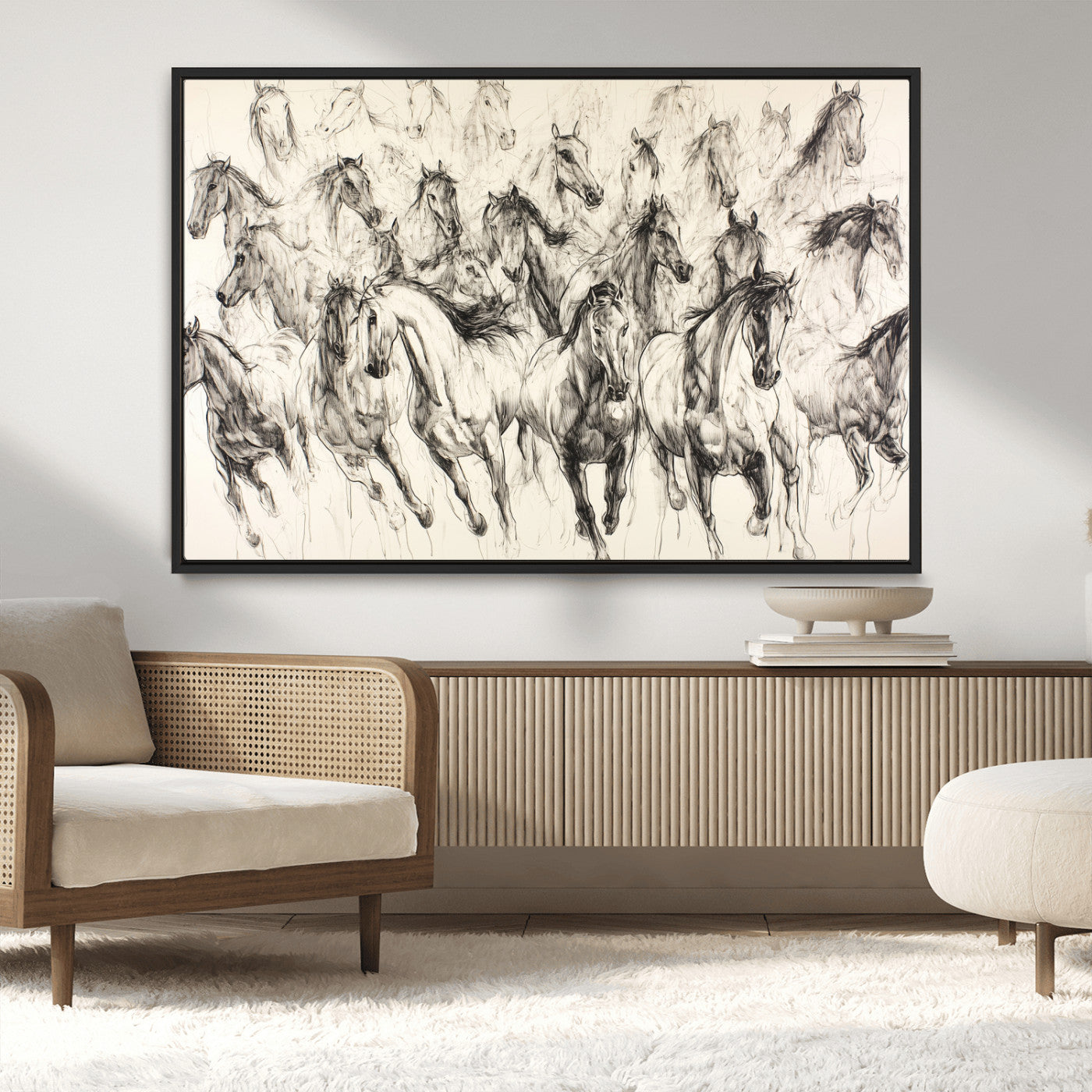 Monochrome ink sketch of galloping horses in dynamic motion, perfect for western or equine-themed wall decor with bold artistic energy.