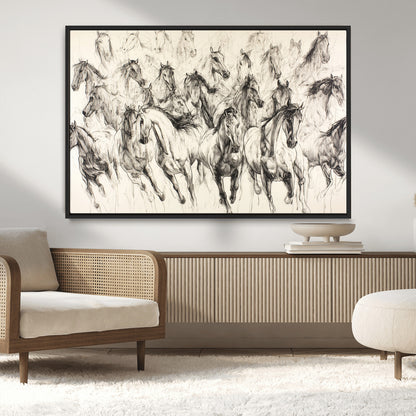 Monochrome ink sketch of galloping horses in dynamic motion, perfect for western or equine-themed wall decor with bold artistic energy.