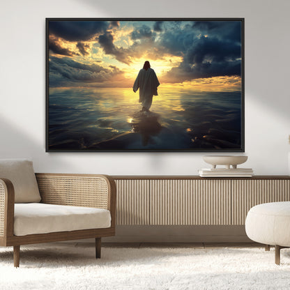 Spiritual artwork of Jesus walking on water at golden hour with divine light, ideal for Christian home decor or prayer room.