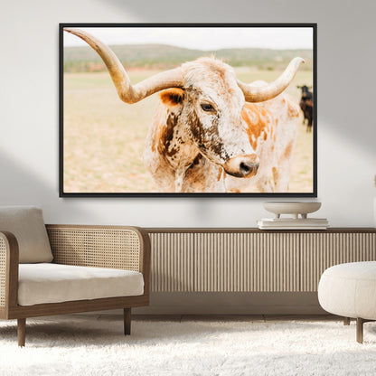 Close-up of a speckled Texas Longhorn in warm prairie tones, perfect for rustic western or countryside-themed room decor.