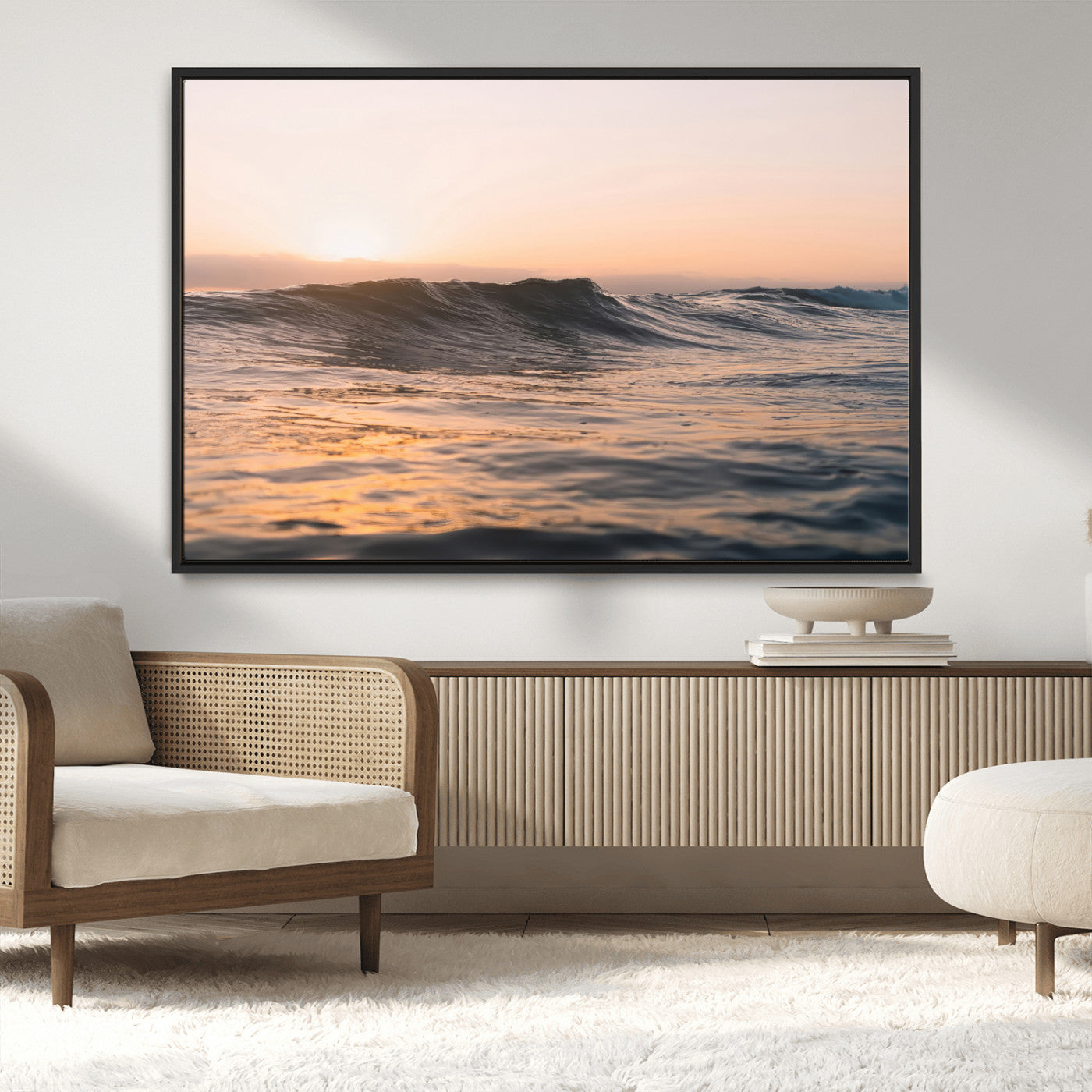 Framed canvas of ocean waves glowing in sunset light, ideal for golden hour calm or peaceful coastal-inspired wall decor.