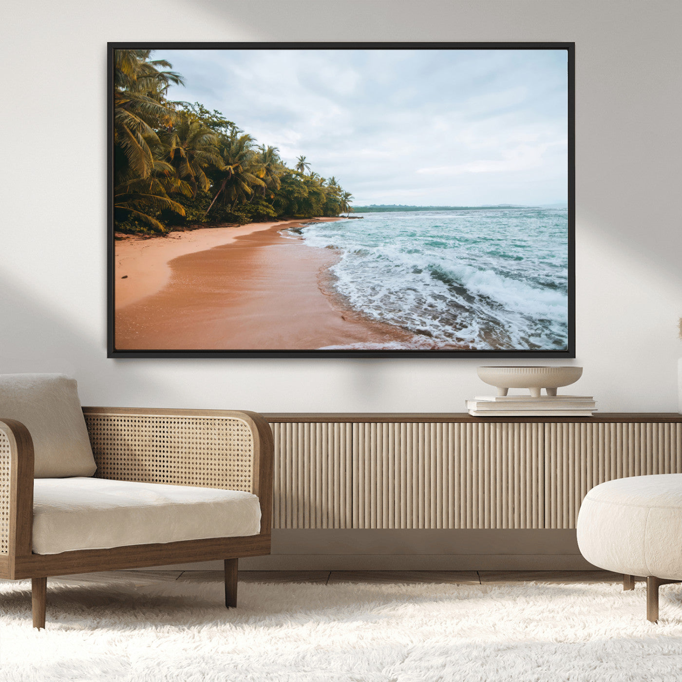 Framed canvas of a tropical beach with palm trees and soft waves, ideal for coastal escape or serene nature-inspired home decor.