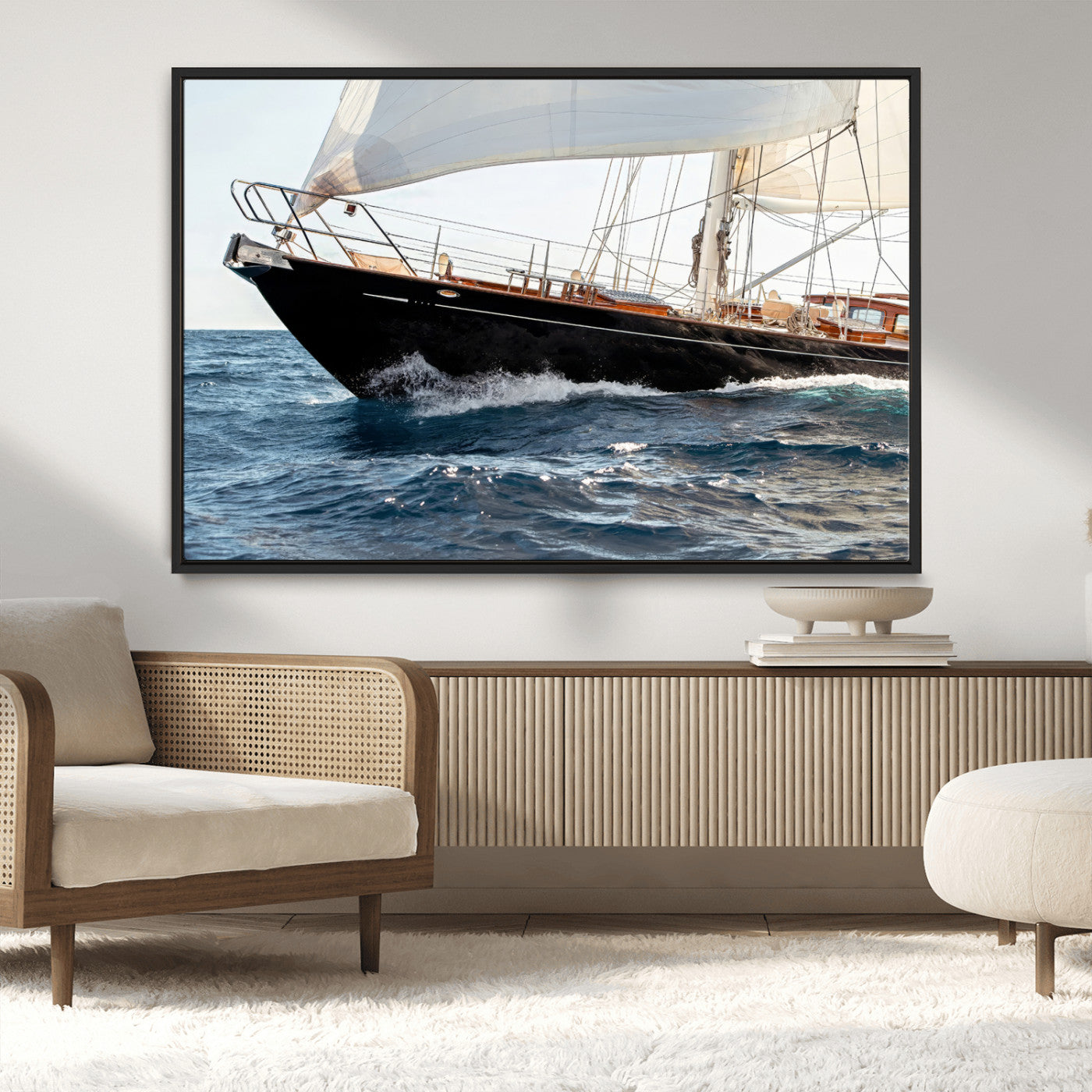 Close-up of a classic sailing yacht with wooden deck and full sails, perfect for nautical or coastal-style decor in ocean-themed spaces.