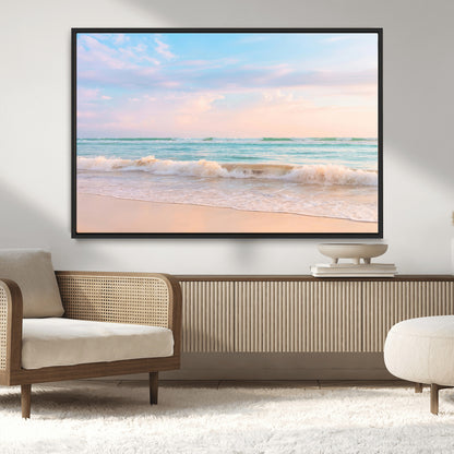 Pastel-toned ocean waves under soft sunset skies, ideal for pastel coastal or serene beach-style home decor.