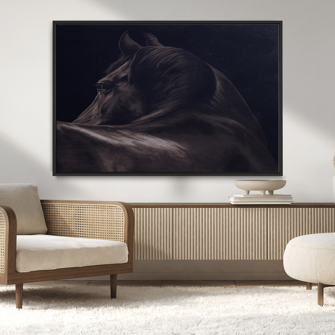 Close-up of a black horse with dramatic lighting on a dark background, perfect for rustic or masculine home decor.