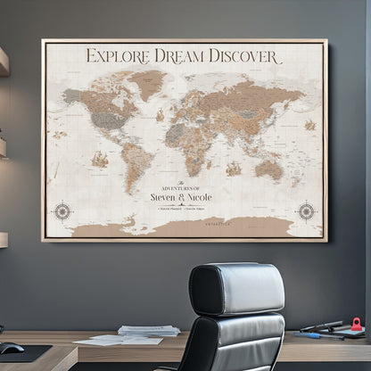 95738134-MGV-CV-36X24-Custom Push Pin World Map Wall Canvas Print – Personalized Travel Tracker with Pins – Framed Large Multi-Size Canvas for Home Office Decor