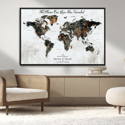 89231588-MGV-FC-36X24_Black-World Travel Map with Pins – Framed Canvas Print to Track Adventures and Create a Visual Travel Journal, Ideal Wall Art for Home - H17