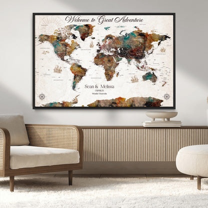 92462592-MGV-CV-36X24-Customize Push Pin World Map Wall Canvas Print – Personalizable Travel World Map with Pins – Framed Personalized Map Print for Couple Gift - H31