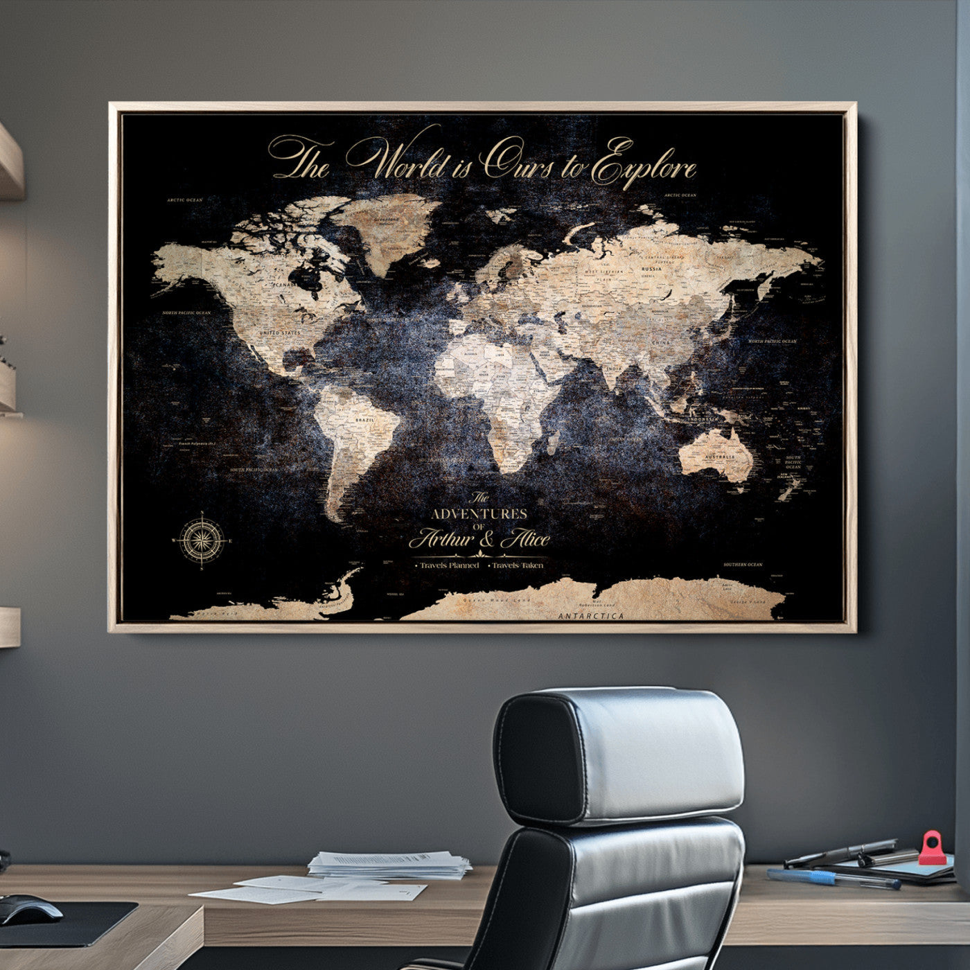 '-Customize Push Pin World Map Wall Canvas Print, Personalized Travel Tracker with Pins, Framed Large Canvas for Home Office Decor - H37