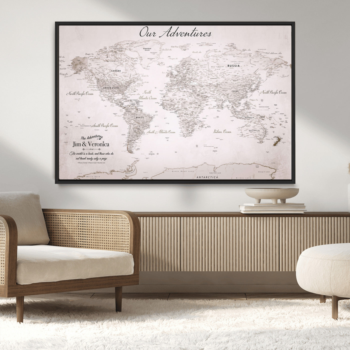 Customize Push Pin World Map Wall Canvas Print – Personalized Travel Map with Foam Pins – Framed Custom Quotie Canvas for Home Office Decor