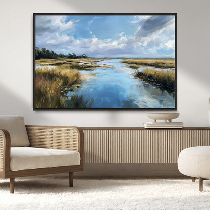 A beautiful, painterly landscape of a calm river winding through a marsh, with vibrant green grasses and a bright blue sky filled with fluffy clouds.