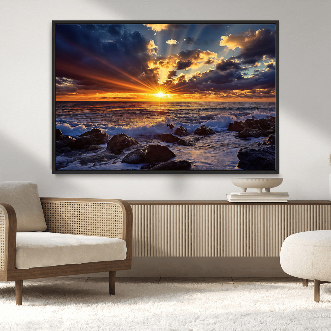 An explosive sunset over the ocean with dramatic clouds and rays of sunlight reflecting off the water, creating a vibrant and captivating view.