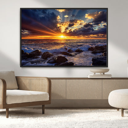 An explosive sunset over the ocean with dramatic clouds and rays of sunlight reflecting off the water, creating a vibrant and captivating view.