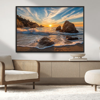 Rocky Ocean Sunset Wall Art Print, Seaside Canvas Wall Art, Dramatic Seascape Canvas Print for Coastal Modern Decor, Ocean Sunset Art Printing