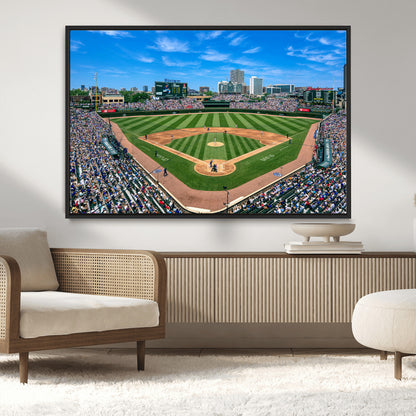 Wrigley Field Baseball Stadium Canvas Wall Art, Packed Crowd Sports Stadium Print, City Skyline Baseball Field Canvas for Game Room Decor