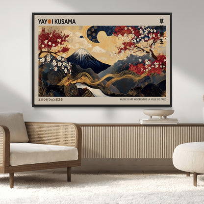 Yayoi Kusama's artwork featuring Mount Fuji, blooming cherry trees, and intricate swirls, blending traditional Japanese elements with vibrant color.