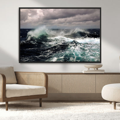 Powerful ocean waves crashing under stormy skies, creating a dynamic and intense seascape.