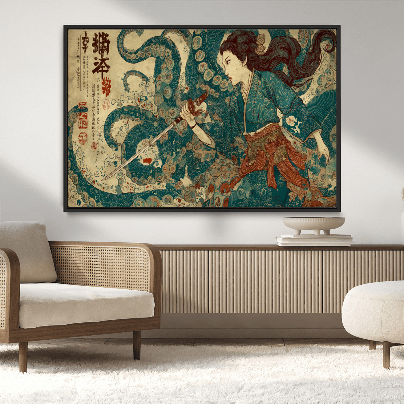 Tsukioka Yoshitoshi Samurai Wall Art Print, Japanese Katana Warrior Canvas Wall Art, Octopus Sea Monster Canvas Print,