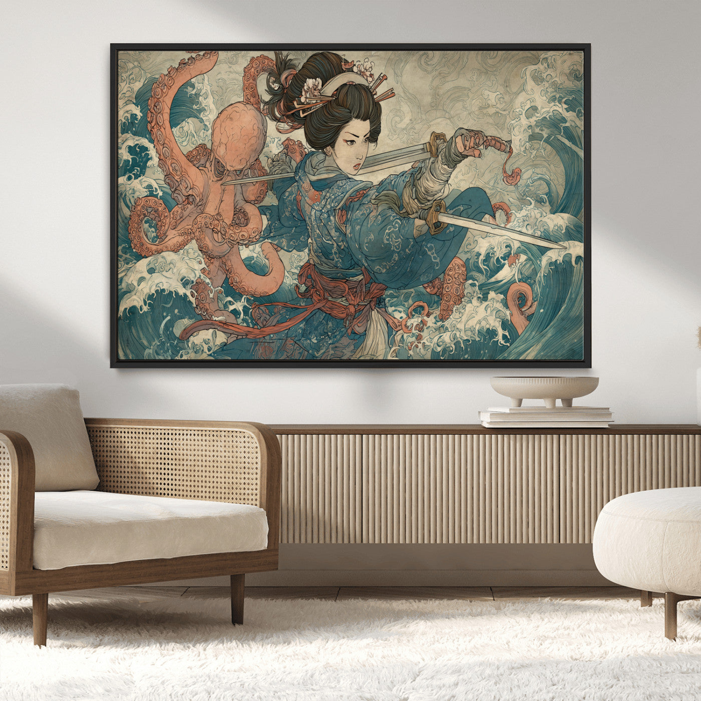 Tsukioka Yoshitoshi Samurai Wall Art Print, Japanese Katana Warrior Canvas Wall Art, Octopus Sea Monster Canvas Print,